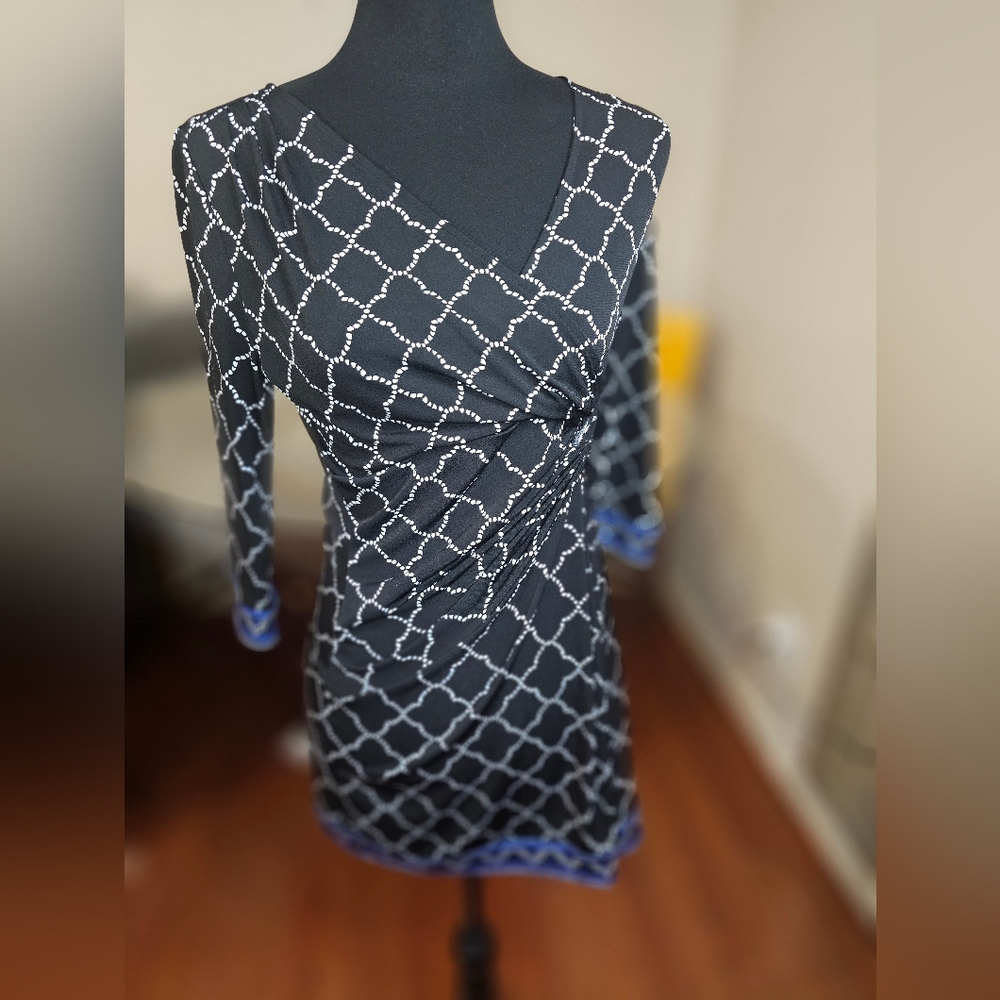 Black, white, blue fitted dress